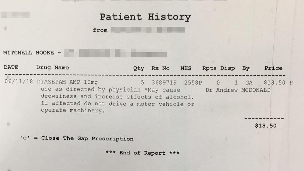 Pharmacy record of prescription for liquid valium written by South Sydney doctor Dr Andrew McDonald in the name of Mitchell Hooke.