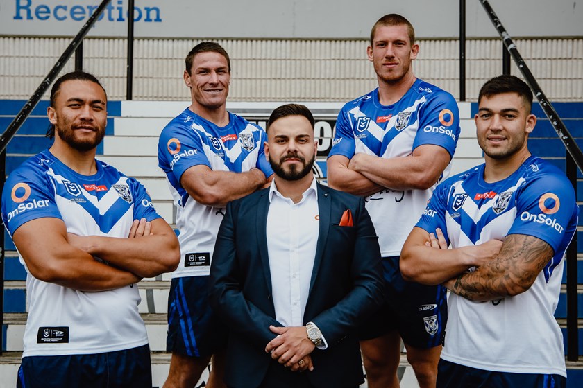 On Solar Director Chris Zarpas (centre) with Bulldogs Captain Josh Jackson, Raymond Faitala-Mariner, Nick Cotric and Jack Hetherington.