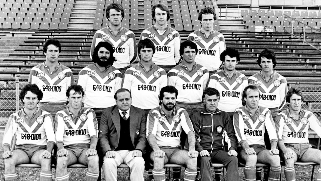 Canterbury’s 1980 grand final squad: (from top left) Graeme Hughes, Greg Brentnall and Mark Hughes. (Middle row) Steve Folkes, Geoff Robinson, Chris Mortimer, John Coveney, Chris Anderson and Lee Pomfret. (Front row) Steve Gearin, Peter Mortimer, CEO Peter Moore, captain George Peponis, coach John Glossop, Gary Hughes and Steve Mortimer at Belmore Oval. Picture: Barry McKinnon