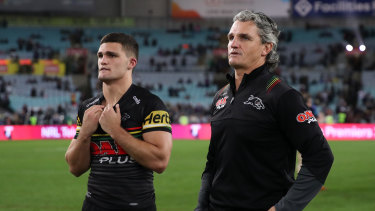 Nathan Cleary with his father Ivan after last year’s grand final loss to Melbourne.