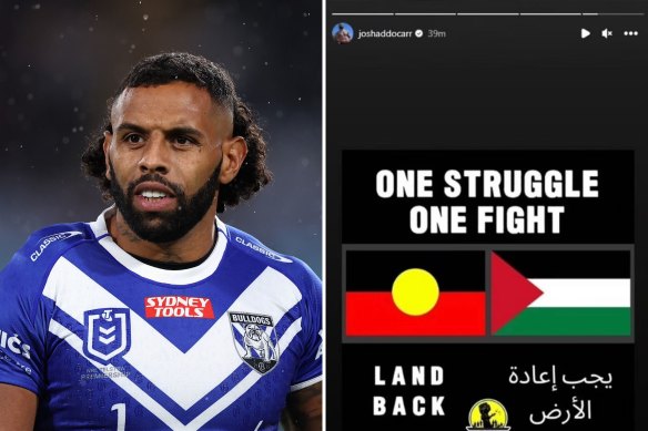 Bulldogs winger Josh Addo-Carr uploaded a post to his instagram story with the Palestinian flag.